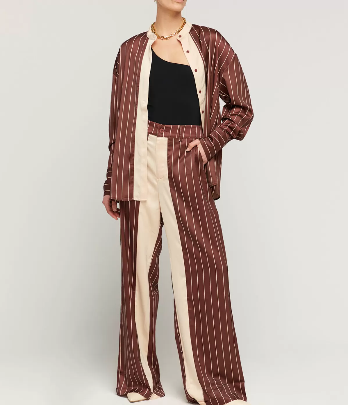 Solaqua Bordeaux Silk Stripe Tailored Pant in Cocoa and Ecru Best Sale