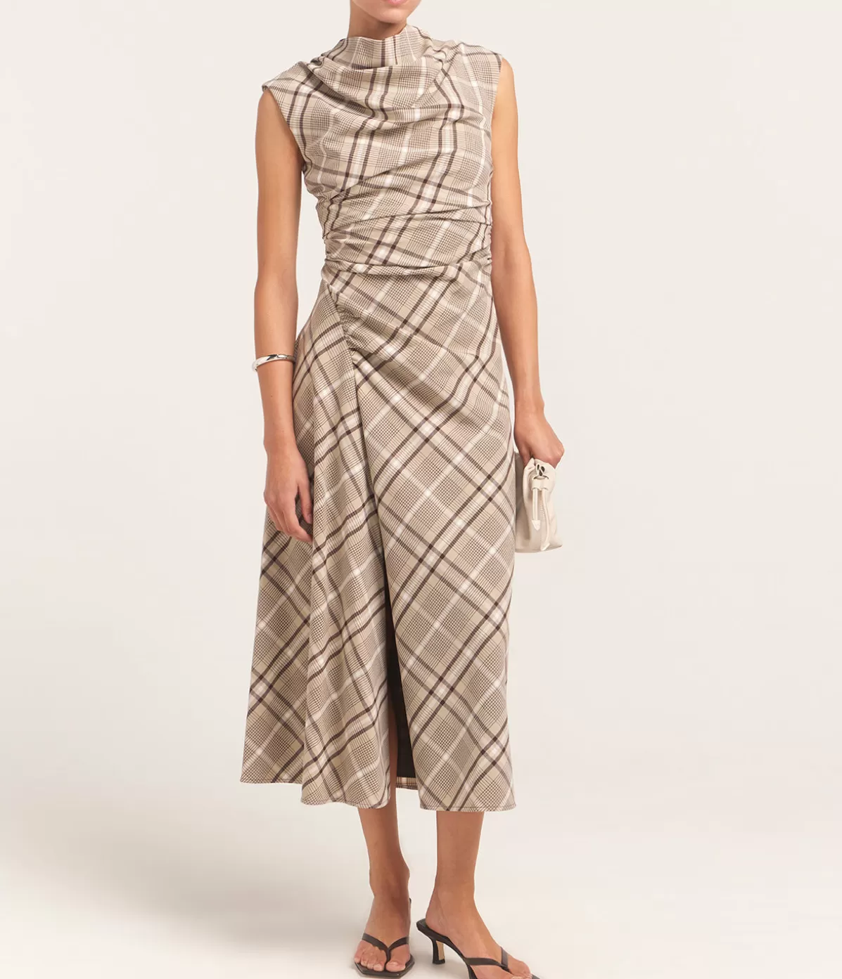 Simkhai Burke Short Sleeve Draped Midi Dress in Sand Plaid Store