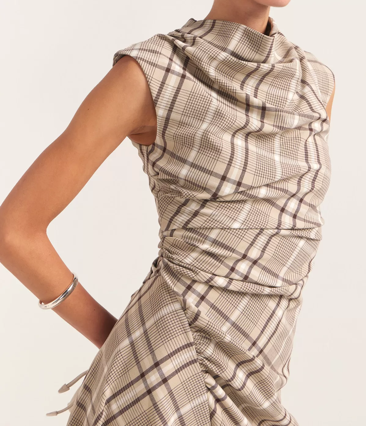 Simkhai Burke Short Sleeve Draped Midi Dress in Sand Plaid Store