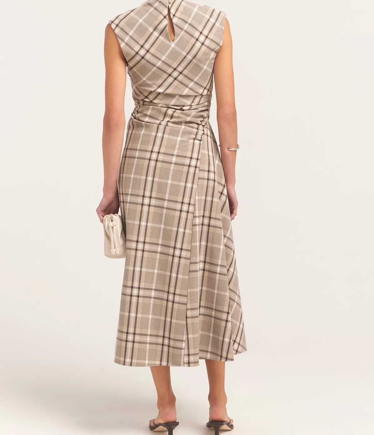 Simkhai Burke Short Sleeve Draped Midi Dress in Sand Plaid Store