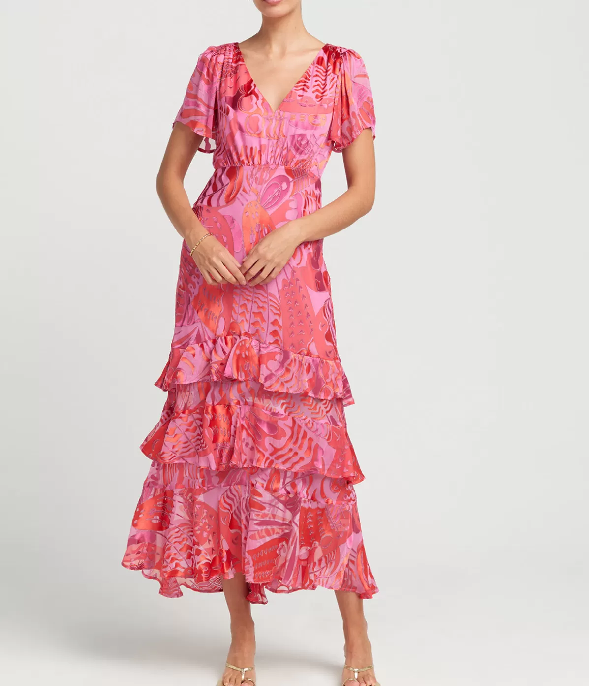 Rixo Gilly Short Sleeve Maxi Dress in Butterfly Devore Pink Sale