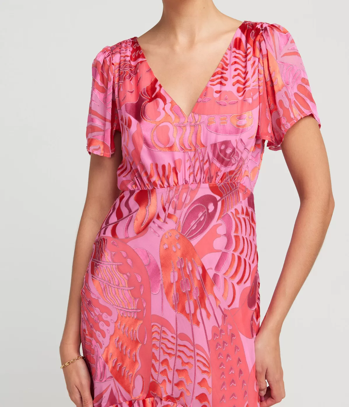 Rixo Gilly Short Sleeve Maxi Dress in Butterfly Devore Pink Sale