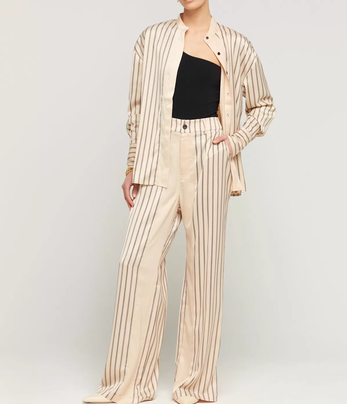 Solaqua Gio Thin Triple Stripe Silk Shirt in Black and Ecru New